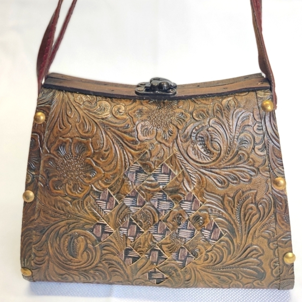 Vintage Hand-Carved Wood & Leather Box Bag | Brass Clasp, Folk Art Style